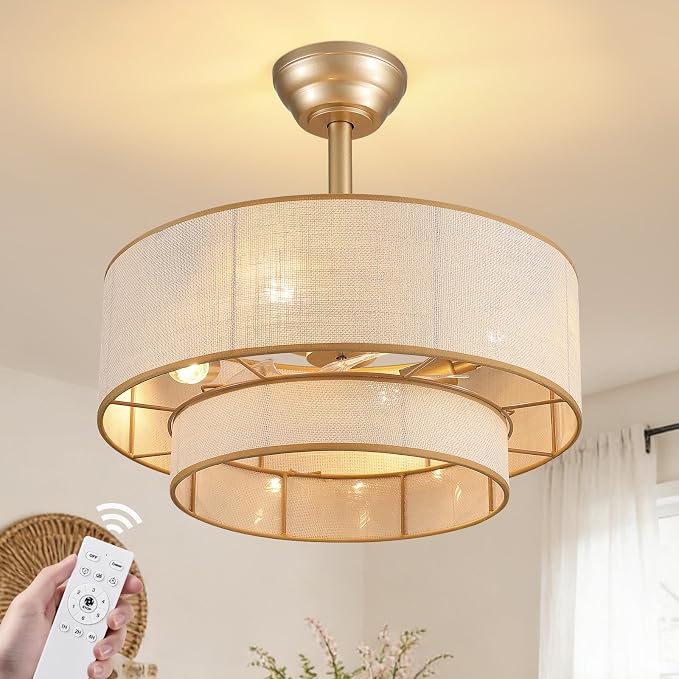 20" Boho Ceiling Fan Light and Remote, Fabric Chandelier Ceiling Fan Light, Caged Fandelier with Lights Flush Mount, 6 Wind Speeds Enclosed Ceiling Fan for Bedroom, Living Room, Dining Room