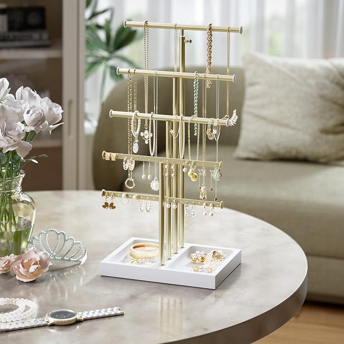 Love-KANKEI Jewelry Organizer Stand 5-Tier,Adjustable Height,White/Gold | Metal Rod,Solid Wood Base,Easy to Install,Tree Style,Display Long Necklaces,Bracelets,Earrings,Rings,Watches,Bangles,Gift