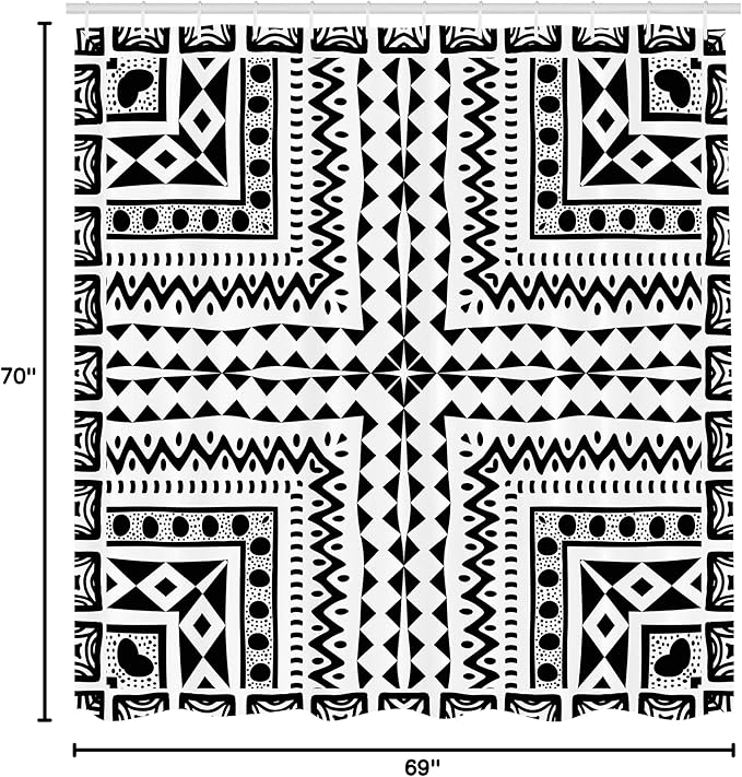 Ambesonne Tribal Shower Curtain, Geometric Pattern Vintage Dots Sketchy Lines Art Print, Cloth Fabric Bathroom Decor Set with Hooks, 69" W x 70" L, Black and Eggshell