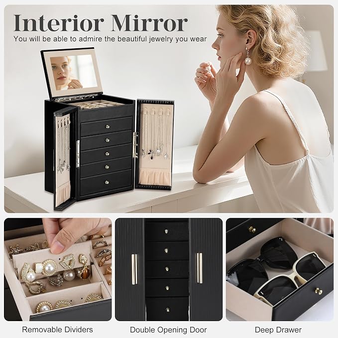 Dajasan Large Jewelry Organizer Box, 6-Tier Jewelry Storage Case with 5 Drawers, Jewelry Boxes for Women Girls with Mirror, Double Door, Textured PU Leather, Gift Idea, Stylish (Black + Gold)