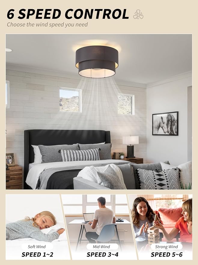 SYDACG 20" Farmhouse Rustic Ceiling Fan with Lights Low Profile, Black Flush Mount Ceiling Fan with Light Remote Control, Bladeless 6 Speeds for Bedroom, Living Room, Nursery