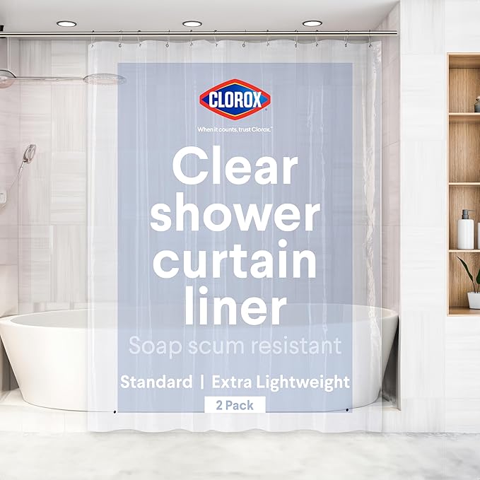 Clorox Shower Curtain Liner, Premium Lightweight Flexible Waterproof 3g PEVA for Bathroom with Weighted Magnets, Standard Size 70" x 72", Clear 2 Pack