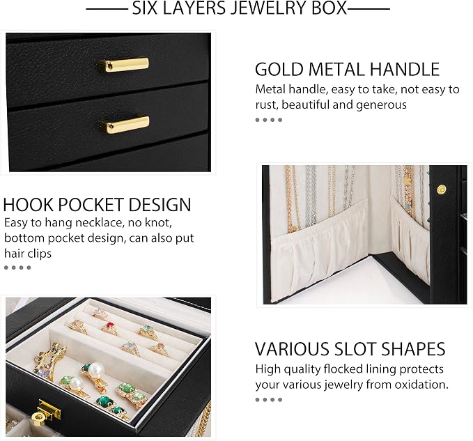 AKOZLIN 6-Tier Jewelry Box Organizer Functional 5 Drawers Leather Jewelry Storage Case for Women Girls Ring Necklace Earring Bracelet Holder Organizer with Mirror Black Regular