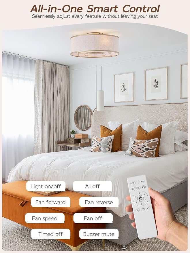 Gold Flush Mount Ceiling Fans with Lights, 20" Caged Boho Ceiling Fan with Light and Remote, Bladeless with 6 Speeds for Bedroom, Nursery, Living Room