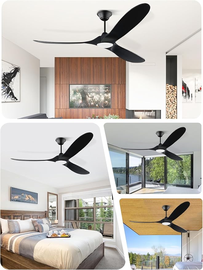 70 inch Black Outdoor Ceiling Fan with Light, Large Solid Wooden Damp Rated Ceiling Fan, DC Motor, 3CCT, Super quiet, Modern Propeller Ceiling Fan for Patios Porch Exterior Indoor