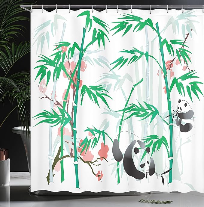 Ambesonne Panda Shower Curtain, Wild Forest Nature Themed Exotic Jungle and Asian Bear in Ethnic Tropics, Cloth Fabric Bathroom Decor Set with Hooks, 69" W x 84" L, Pink Black and Green