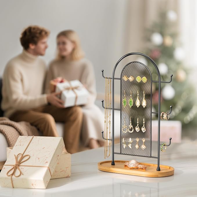 bussdis Jewelry Holder Organizer Earring Display - Earring Storage Tree Stands Towers With 6 Hooks 300 Studs Wood Tray Black Metal Rack