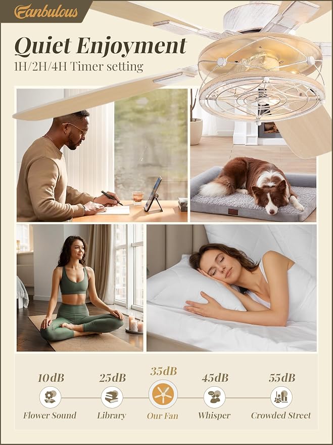 Farmhouse Ceiling Fan with Light and Remote, Industrial Caged Flush Mount Ceiling Fans with 6 Speed Reversible Motor and Dual Finish 5 Blades, for Living room, Bedroom (White and Gold, 52Inch)