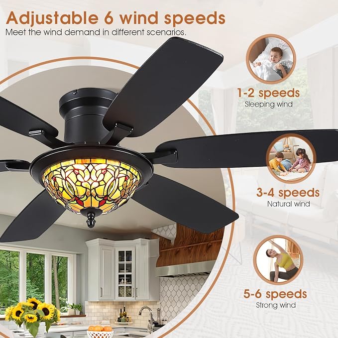 Tiffany Ceiling Fans with Lights - 52" Ceiling Fan Chandelier with Stained Glass Shade, 6 Speeds Reversible 6 Dual-Blades, Flush Mount, 3 CCT Dimmable LED Lights, Remote & APP Control, Farmhouse