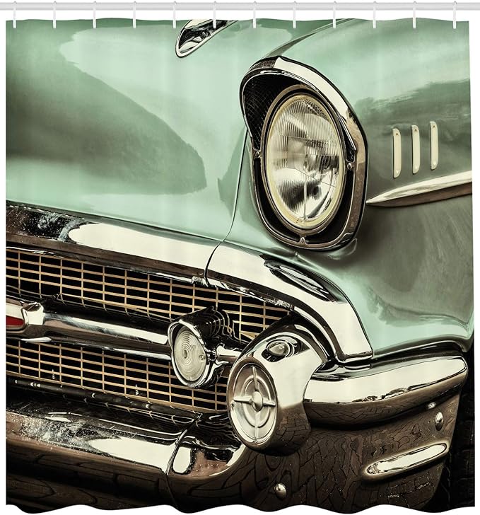Ambesonne 1950s Shower Curtain, Closeup Shot Retro Styled Car Image Front of Green Antique Automobile American Bumper Polished Look, Cloth Fabric Bathroom Decor Set with Hooks, 69" W x 75" L, Green