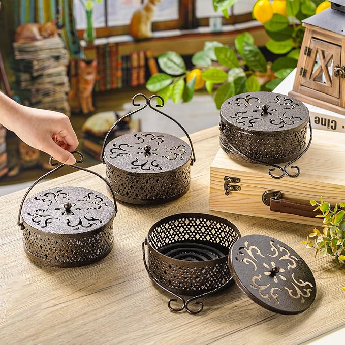 Lallisa Incense Coil Holder Sets, Round Metal Hanging Incense Burner with Handle and Lid, Portable Coil Burner Stand Container for Patio Camping Garden Home Indoor Outdoor Decor(Bronze Color,4 Pcs)