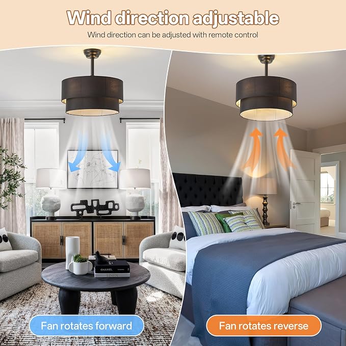 20" Farmhouse Ceiling Fans with Lights, Black Boho Fandelier Chandelier Ceiling Fan with Light Remote Control, Caged with 6 Speeds for Living Room, Bedroom, Nursery