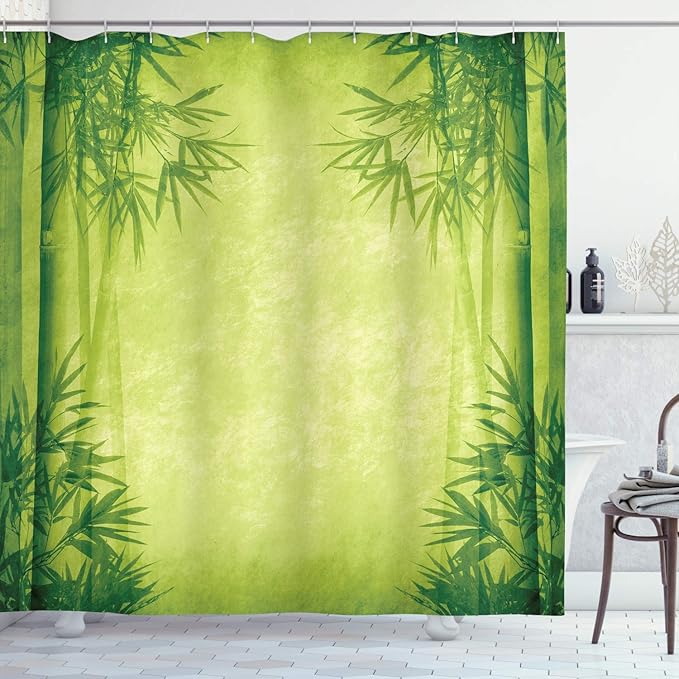 Ambesonne Asian Themed Shower Curtain, Chinese Trees Design Fengshui Style Simple Relaxing Life Tehemd Image Print, Cloth Fabric Bathroom Decor Set with Hooks, 69" W x 70" L, Green