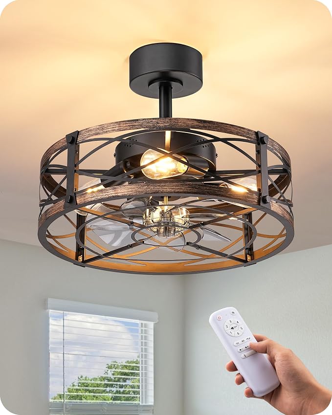 EDISHINE 20 Inch Fandelier Caged Ceiling Fans with Lights and Remote, 10%-100% Dimmable, Rustic Bladeless Ceiling Fan, Small Farmhouse Fan Lights Ceiling Fixtures for Kitchen, Bedroom-Brushed Gold