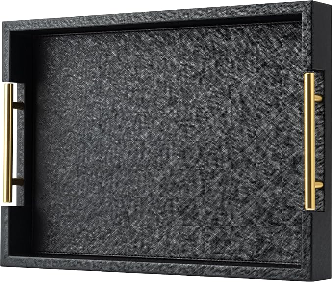 Black Rectangle Serving Tray with Gold Handles for Party,Large Wood Decorative Tray for Ottoman,Faux Leather Coffee Table Tray Decor