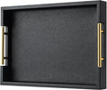 Black Rectangle Serving Tray with Gold Handles for Party,Large Wood Decorative Tray for Ottoman,Faux Leather Coffee Table Tray Decor