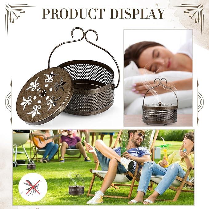 Therwen 6 Pcs Iron Mosquito Coil Holder with Handle Retro Portable Coil Holder Round Fireproof Incense Holder Hanging Incense Burner for Indoor Outdoor Home and Camping (Bronze)
