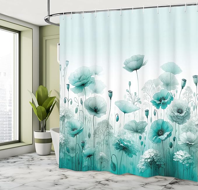 Ambesonne Turquoise Shower Curtain, Chill Atmosphere of Flowering Poppy Scene with Oceanic Green Tones, Cloth Fabric Bathroom Decor Set with Hooks, 69" W x 84" L, Mint Green Seafoam White