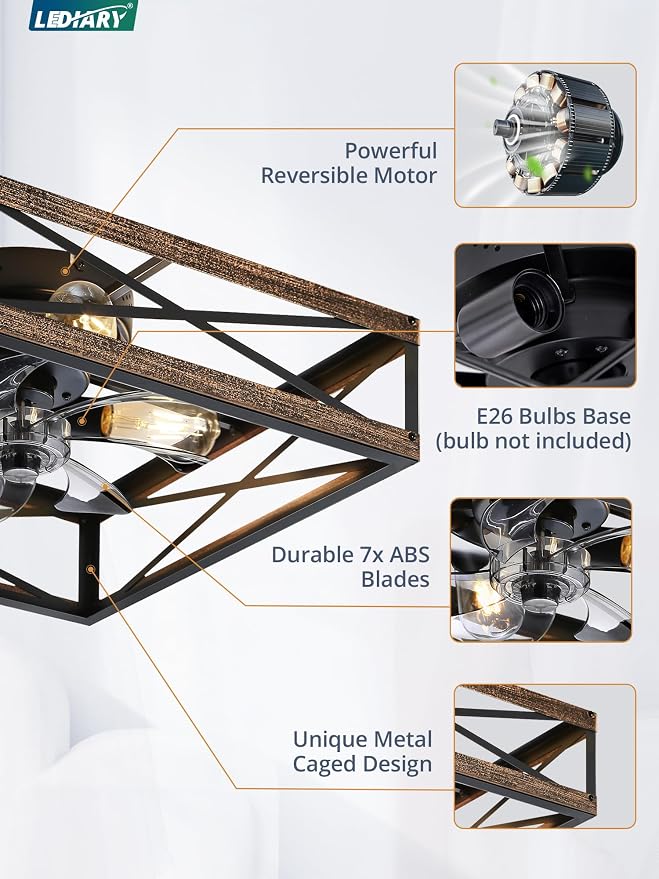 LEDIARY 20” Caged Low Profile Square Ceiling Fans with Lights and Remote | 6 Speed and Reversible, Small Farmhouse Rustic Bladeless Ceiling Fan Flush Mount for Bedroom, Kitchen, Dining Room