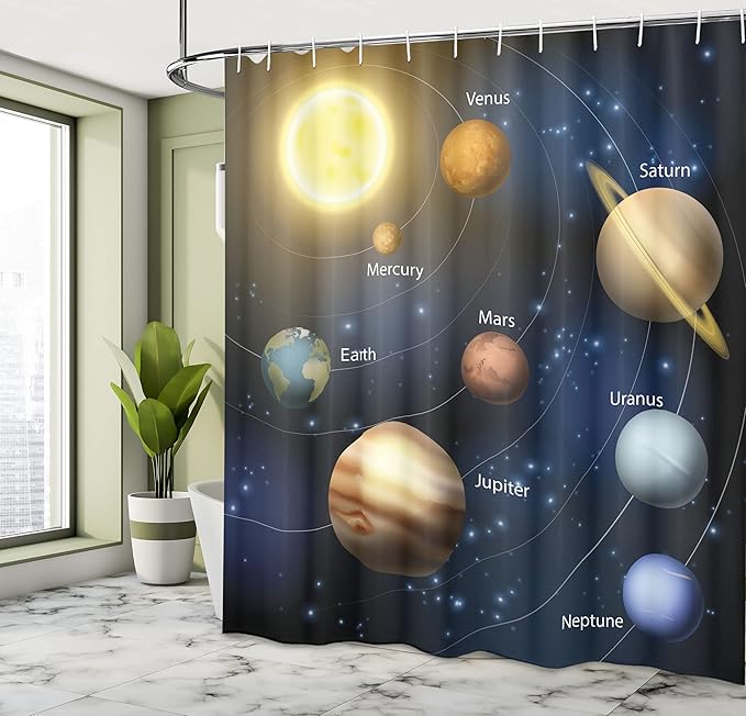 Ambesonne Science Shower Curtain, Realistic Illustration of Solar System Sun Planets Orbit Astronomy Outer Space, Cloth Fabric Bathroom Decor Set with Hooks, 69" W x 75" L, Dark Night Blue Brown