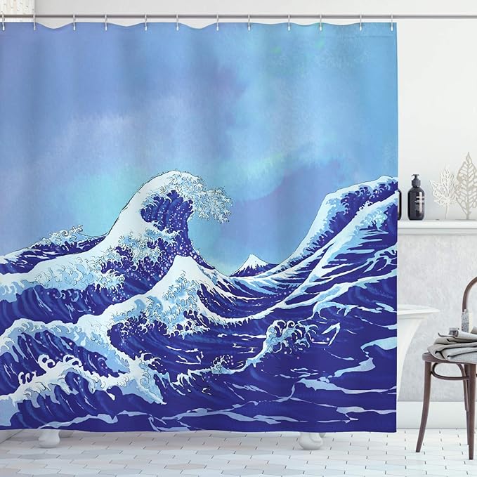Ambesonne Kanagawa Shower Curtain, Big Tsunami in The Ocean Blue Sky Japanese Nature Sea Waves Art, Cloth Fabric Bathroom Decor Set with Hooks, 69" W x 70" L, Blue Navy