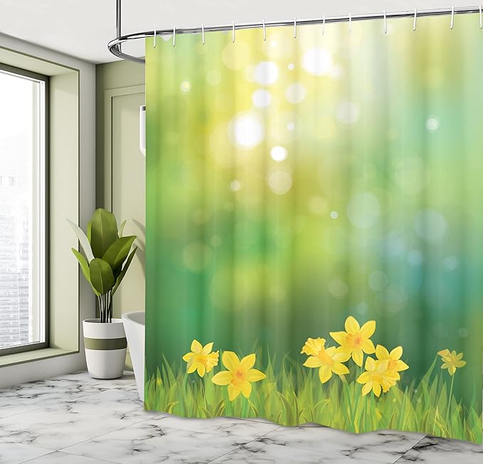 Ambesonne Daffodils Shower Curtain, Fresh Daffodil Flowers on Spring Sun Beams Blurred Background Print, Cloth Fabric Bathroom Decor Set with Hooks, 69" W x 70" L, Mustard Green