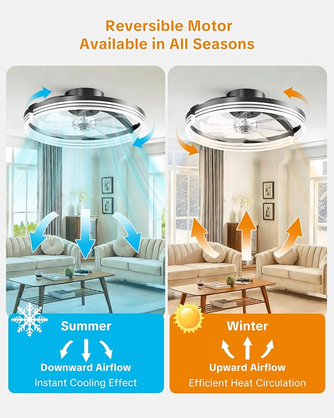 Ceiling Fans with Lights and Remote, Low Profile Ceiling Fan, Morden Flush Mount LED Fan Light, 3000K-6500K Dimmable for Bedroom, Kitchen, Living Room, Striped, Black
