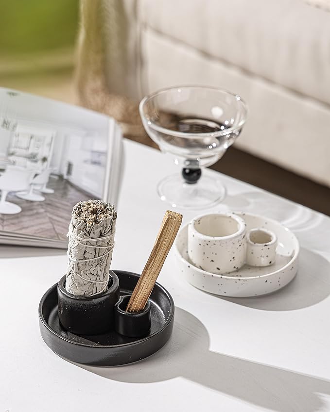 Ceramic Palo Santo and Sage Holder, Incense Holder for Palo Santo Sticks, Sage Burner Dish Stand with Ash Catcher, Modern Minimalist (Black)