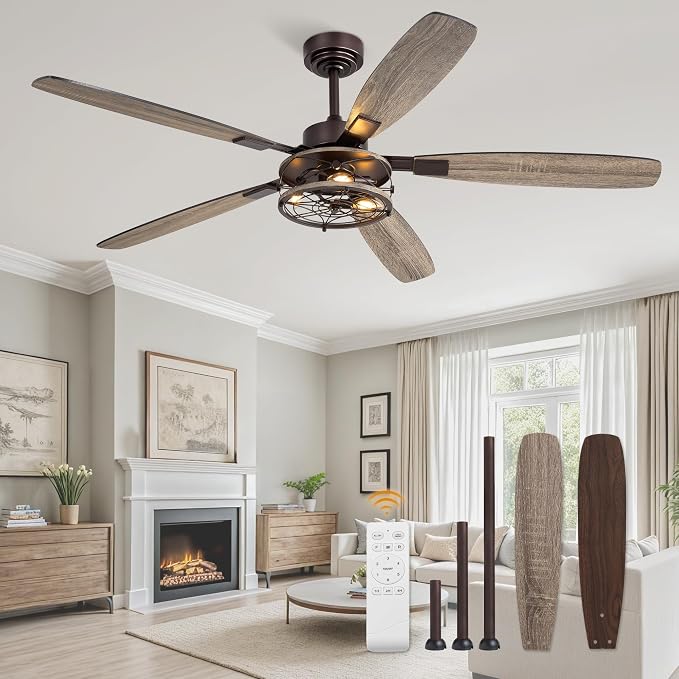 Fanbulous Farmhouse Ceiling Fan with Light and Remote, Industrial Caged Flush Mount Ceiling Fans with 6 Speed Reversible Motor and Dual Finish 5 Blades, for Living room, Bedroom (Oil Bronze, 60 Inch)