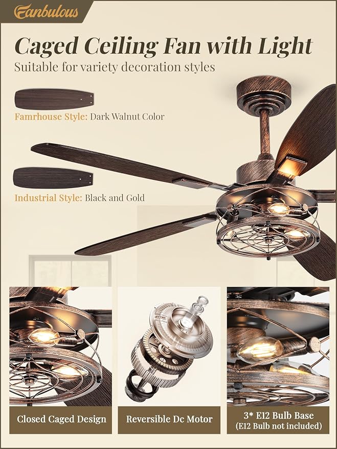 Farmhouse Ceiling Fan with Light and Remote, Industrial Caged Flush Mount Ceiling Fans with 6 Speed Reversible Motor and Dual Finish 5 Blades, for Living room, Bedroom (Black and Gold, 52Inch)
