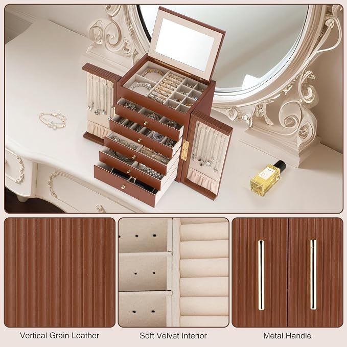 Dajasan Large Jewelry Organizer Box, 6-Tier Jewelry Storage Case with 5 Drawers, Jewelry Boxes for Women Girls with Mirror, Double Door, Textured PU Leather, Gift Idea, Stylish (Brown + Gold)