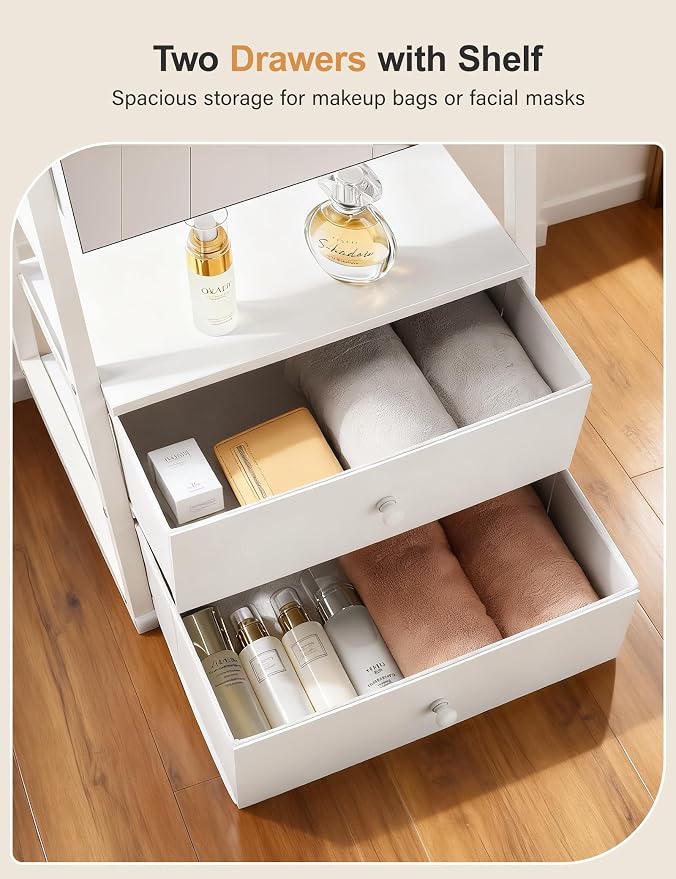 Nicetree Jewelry Cabinet Armoire with 2 Drawers, Lockable Standing Mirror Jewelry Cabinet, Full Length Mirror with Jewelry Storage, Gift Idea, Pure White