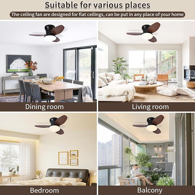 Small Ceiling Fan with Lights and Remote, 25 Inch Flush Mount, Reversible Quiet DC Motor, 3 Blades, 6 Wind Speeds, Dimmable LED, Adjustable Color Temperature, Timer