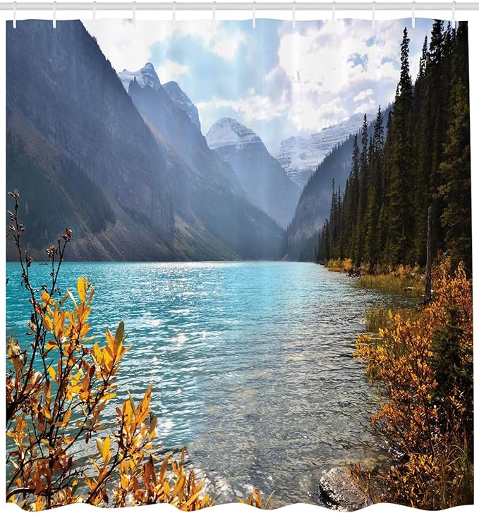 Ambesonne Landscape Shower Curtain, Lake Louise Banff National Park Canada Mountains Autumn Plants, Cloth Fabric Bathroom Decor Set with Hooks, 69" W x 70" L, Earth Yellow Pale Blue