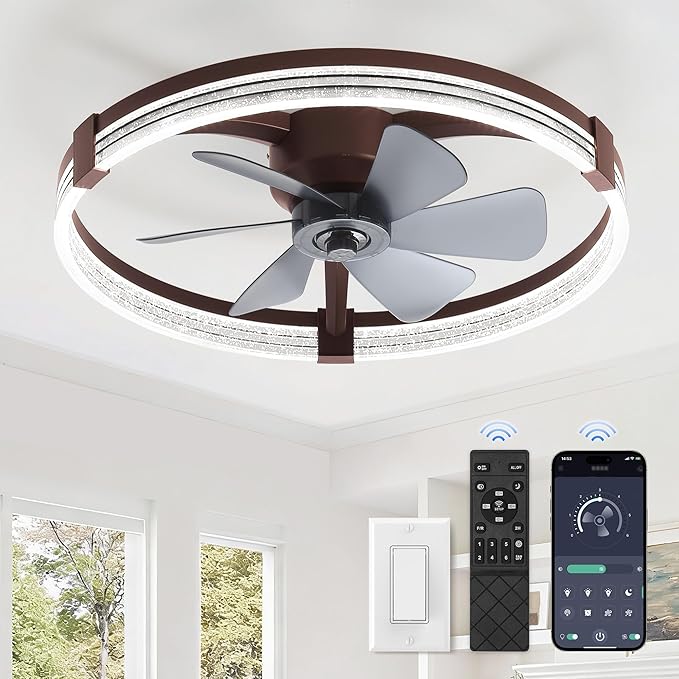 ZMISHIBO Low Profile Ceiling Fans with Lights, Flush Mount Modern Ceiling Fan and Remote Control, 23" LED Ceiling Fans, Stepless Dimmable 3 Colors and 6 Speeds (Brown, 23")