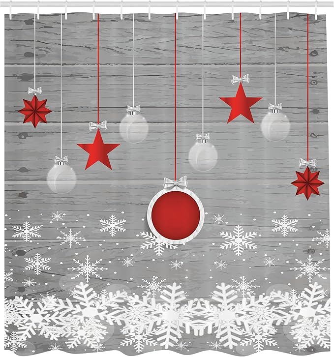 Ambesonne Christmas Shower Curtain, Traditional Celebration Theme Pendant Stars Baubles Ornate Snowflakes, Cloth Fabric Bathroom Decor Set with Hooks, 69" W x 75" L, Grey Red White
