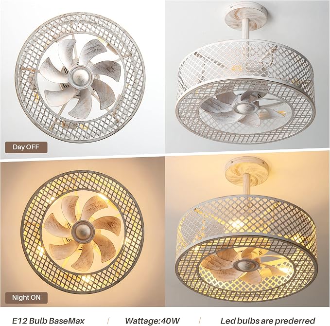 REDSTAR Caged Ceiling Fans with Lights, White Industrial Ceiling Fan with Light and Remote, Farmhouse Ceiling Fan Light for Living Room, Bedroom, Kitchen (Modern Minimalist W)