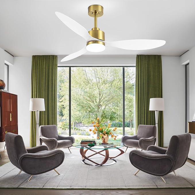 52" Contemporary Ceiling Fans with Lights and Remote, Quiet DC Motor, 3 Reversible Blades, 6-Speed, Modern Gold and White Low Profile Ceiling Fan with 3-Color LED Light Fandelier for Bedroom