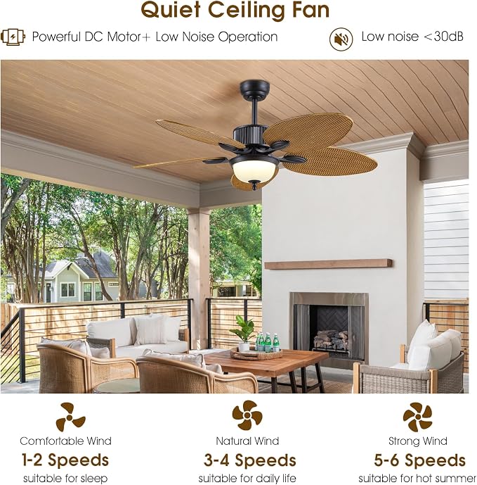 Wiviniya 50 Inch Tropical Ceiling Fans with Lights, Palm Leaf Waterproof Outdoor Ceiling Fan for Patios Porch, Remote/APP Control, Wet Rated, Glass Lampshade, Quiet DC Motor, Dimmable LED, Wood Grain