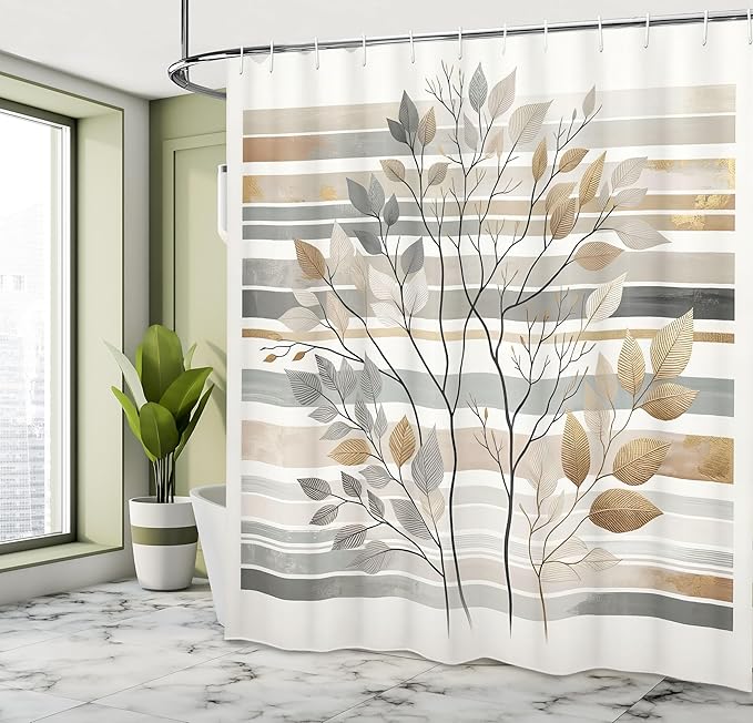 Ambesonne Striped Shower Curtain, Abstract and Boho Neutral Tones with Leaves on Lines Backdrop Print, Cloth Fabric Bathroom Decor Set with Hooks, 69" W x 75" L, Pale Brown Grey and Camel