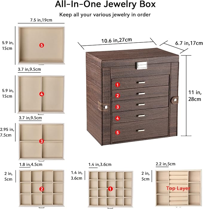 Frebeauty 6-Layer Jewelry Box for Women,Large Jewelry Organizer with Drawer | Faux Leather,Built-in Mirror,Spacious Jewelry Storage,16 Necklace Hooks,Organizing by Category for Rings Earrings Bracelet