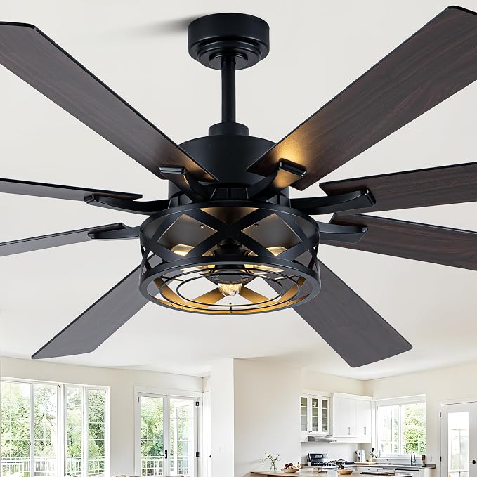 72" Farmhouse Ceiling Fan with Lights and Remote Rustic Fandelier | Black Caged Ceiling Fan Industrial Chandelier, for Living Room Garage, 3 E26 Bulbs (Not Included) Reversible DC Motor 6 Speed