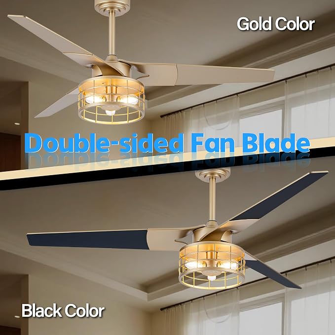 Chandelier Ceiling Fans With Lights And Remote,Caged Ceiling Fan With Light,App 3 Blades E26 Fandelier Ceiling Fans With Lights,Crystal Ceiling Fan For Bedroom,Living Room. (Gold, 52 In'ch)