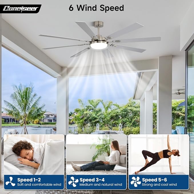 72 Inch Ceiling Fans with Lights and Remote, Living Room Office Industrial, 5CCT Dimmable, Dual Color 8 Blades, 6 Speed Reversible Quiet DC Motor, Double-Layer Lampshade, Sand-nickel/Wood Grain