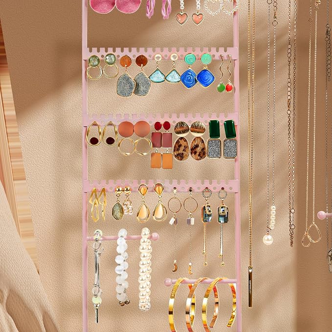 ProCase Jewelry Organizer Stand Earring Holder Organizer, 6 Tiers Earring Organizer Tree Necklace Rack Jewellery Tower Bracelets Holder Storage with Removable Wooden Ring Tray for Women Girls -Pink