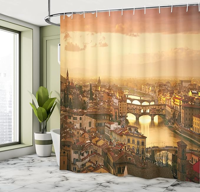 Ambesonne Scenery Shower Curtain, Bridge Ponte Vecchio Italy Bird Eye Sunset View Castle Houses Historic Cityscape, Cloth Fabric Bathroom Decor Set with Hooks, 69" W x 70" L, Sand Brown