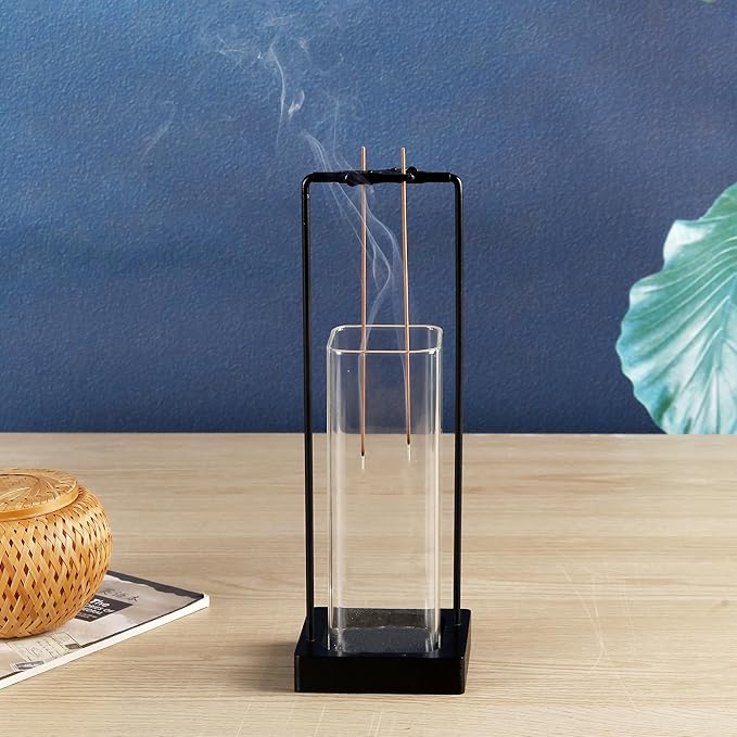 Incense Burner Holder for Sticks, [New Upgraded-Two Black Clip] Upside Down Incense Burner with Removable Glass Ash Catcher Anti-Ash Flying