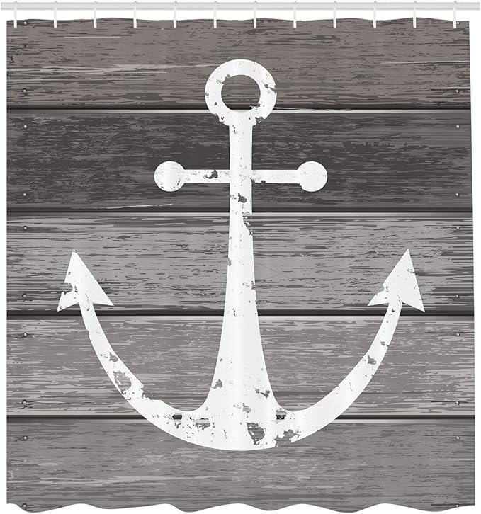 Ambesonne Anchor Shower Curtain, Grunge Style Pattern of Marine Ornament on Weathered Rustic Wooden Planks, Cloth Fabric Bathroom Decor Set with Hooks, 69" W x 84" L, Taupe Dust