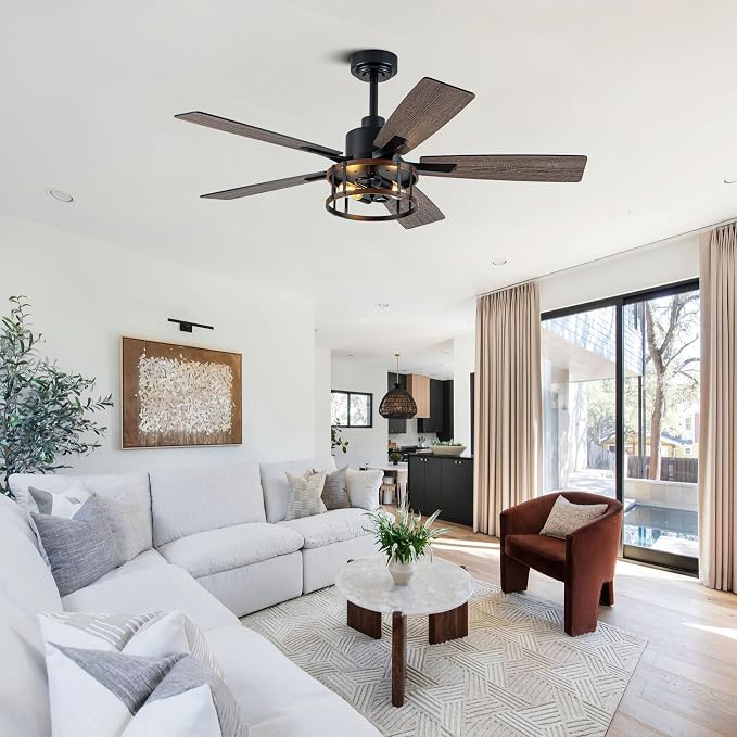 52" Farmhouse Ceiling Fans with Lights and Remote Control | Reversible Motor,5 Double Finish Wood Blades,Black Rustic Industrial Caged Ceiling Fan with Light for Living Room/Dining Room