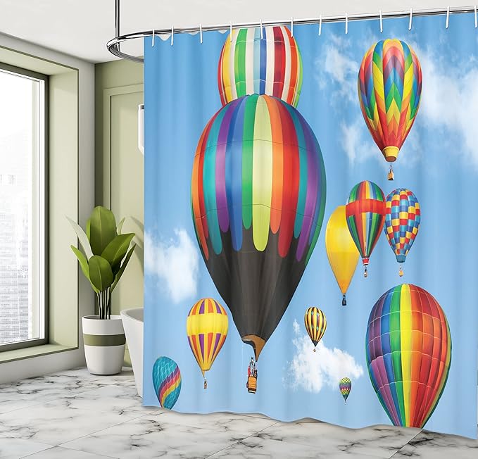 Ambesonne Colorful Shower Curtain, Hot Air Balloons Flying in The Sky Air Sports Adventure Journey Fun Entertainment, Cloth Fabric Bathroom Decor Set with Hooks, 69" W x 70" L, Purple Yellow